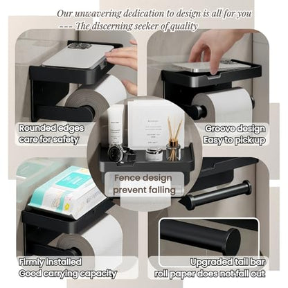Adhesive Toilet Paper Holder and 2 Metal Hooks Combo - Rustproof Aluminum with Extra Adhesive Pads for Easy Replacement of Positions,Matte Black Toilet Paper Holder with Shelf(Wall Mount)