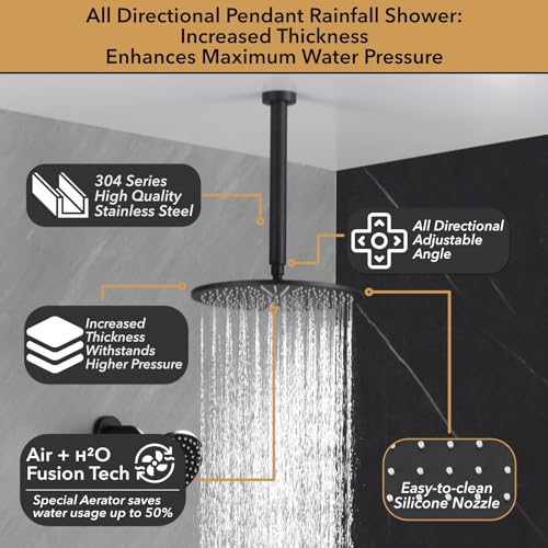 VANFOXLE Thermostatic Shower Faucet Set Matte Black Shower System | Push Button Diverter, 12 Inch Ceiling Mount Rain Head Increased Thick, 6 Inch Side Head, 2-in-1 Handheld Sprayer, Modern - color: Matte Black, style: 12 Inch