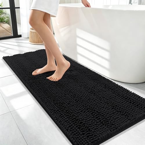 OLANLY Thick Bathroom Runner Rugs 47x17, Soft Chenille Bath Rugs, Black | Absorbent Striped, Rubber Backing, Machine Wash, Long Bath Mats for Bathroom Floor, Tub and Shower, Home Decor Accessories - color: Black, size: 47" X 17"