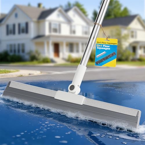 Floor Squeegee Broom with Long Handle, Heavy Duty Rubber Squeegee Kit, Scrubber for Tile Floor, Garage, Concrete with 2 Replacement Heads & 1 Cloth (3-in-1 Set)