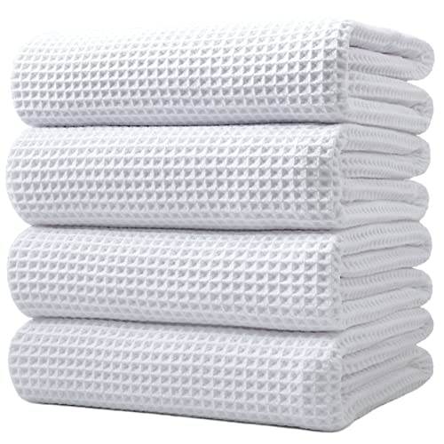 POLYTE 430 GSM Poly Blend Microfiber Quick Dry Waffle Bath Towel, 30x60 in | 4 Pack, Oversize, Lint Free, Body Towel - color: White