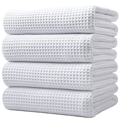 POLYTE 430 GSM Poly Blend Microfiber Quick Dry Waffle Bath Towel, 30x60 in | 4 Pack, Oversize, Lint Free, Body Towel - color: White