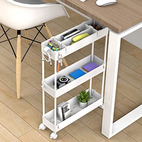 Slim Storage Cart 3 Tier,Bathroom Organizer Rolling Utility, Mobile Shelving Unit Slide Out for Office, Kitchen, Laundry Room & Narrow Places,White - color: White