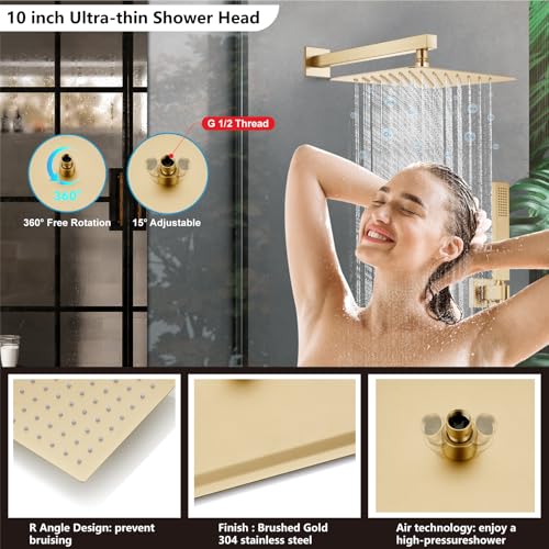 Midanya Shower Faucet Set with Handheld Sprayer,10 Inch,Brushed Gold | Rough-in Shower Valve and Trim Kit Included,Square Rain Head,Wall Mount Shower System,All Metal,Bathroom - color: Gold, size: 10 Inch