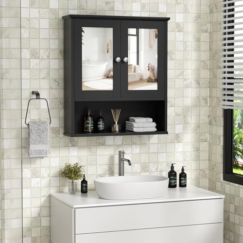 Shintenchi Bathroom Medicine Cabinet with Mirror, Wall Mounted, Black | Over The Toilet Cupboard, Adjustable Shelf, Open & Concealed Storage, 2 Magnet Doors, Space-Saving, Easy to Clean - color: Black