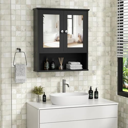 Shintenchi Bathroom Medicine Cabinet with Mirror, Wall Mounted, Black | Over The Toilet Cupboard, Adjustable Shelf, Open & Concealed Storage, 2 Magnet Doors, Space-Saving, Easy to Clean - color: Black