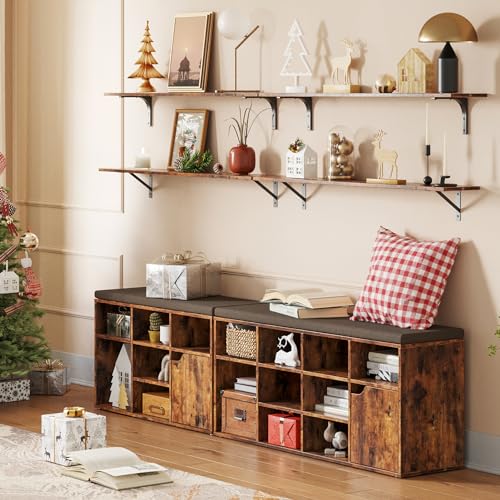 Long Wall Shelves, 47.3Inch Wooden Floating Shelves with Brackets | Large Floating Book Shelf Set of 2, Wall Mounted Storage Ledges, Easy Assembly, Max Load 33lbs, Bathroom/Bedroom Rustic Brown - color: Rustic Brown, size: 47.3 Inch