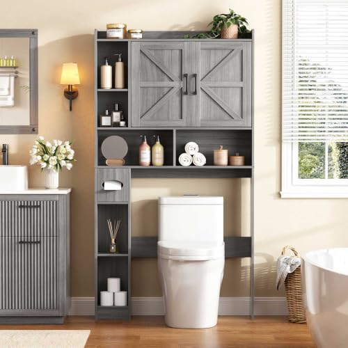 Vabches Over The Toilet Storage Cabinet with 2 Barn Doors, Gray | Farmhouse Storage Cabinet with Toilet Paper Holder Stand，Home Space-Saving Toilet Rack, for Bathroom, Restroom, Laundry - color: Wash Gray, style: 2 Barn Doors