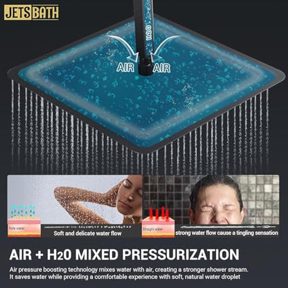 16" Thermostatic Dual Rainfall Head Shower System with Handheld & Valve, 16” Ceiling Shower Faucet Set with 6-Inch Shower Head, JetsBath Matte Black Full Body Shower System for Couples/ 2-Person - color: Matte Black
