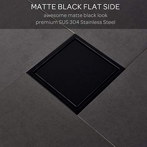 304 Stainless Steel Square Shower Floor Drain with Tile Insert Grate Removable Cover 6 inch Long, Matte Black Plated Finished