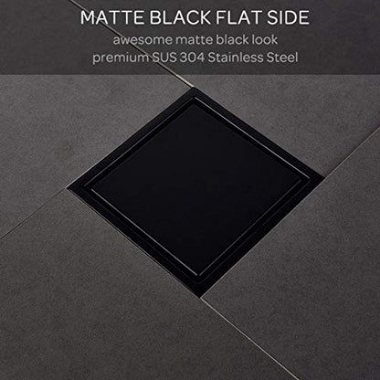 304 Stainless Steel Square Shower Floor Drain with Tile Insert Grate Removable Cover 6 inch Long, Matte Black Plated Finished