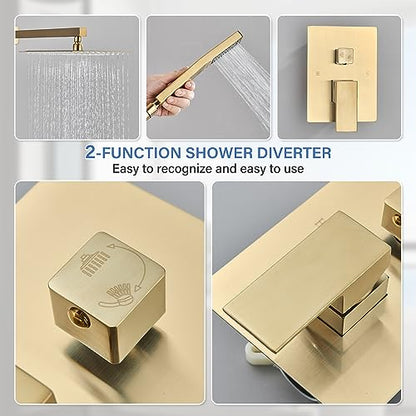 Shower Faucet Rain Shower System with 12 Inches Rainfall Shower Head and Handheld Spray Combo Bathroom Shower Faucet Set Complete Brushed Gold Shower Valve and Trim Kit Wall Mounted - color: Brushed Gold, size: Brushed Gold-12''