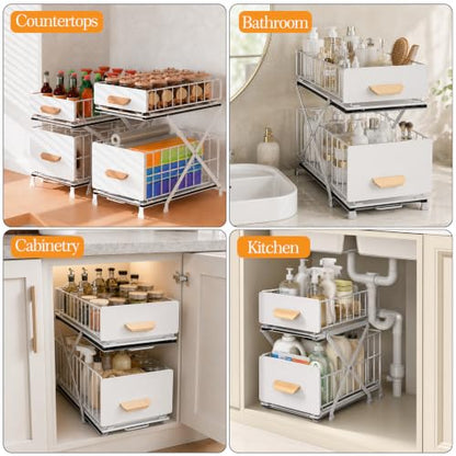 Under Sink Organizer, Adjustable Height (12.6"-15.4") Under Cabinet Storage, 2 Tier Pull Out Sliding Drawers, Foldable Under Sink Storage Rack, for Bathroom & Kitchen, White, 1 Pack