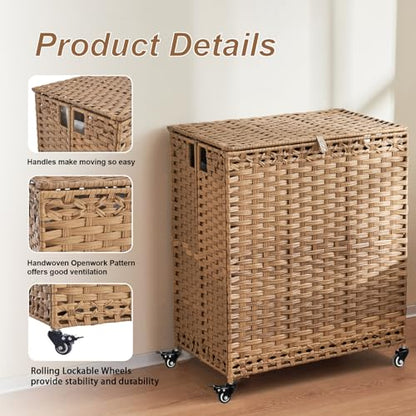 Laundry Hamper with Wheels&Lid, 50.2 Gallons(190L) Rolling Laundry Basket with Wheels, 3-Section Laundry Hamper, Handwoven Rattan Clothes Hamper with 6 Removable Liner& 3 Mesh Laundry Bags, Natural - color: Natural