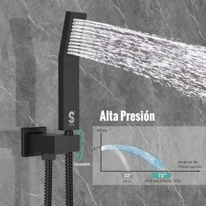 SR SUN RISE 12 Inch All Metal Square Shower System with Tub Spout, Tub Shower Faucet Set, High Pressure Rain Shower Head and Handheld Sprayer Shower Fixtues, Valve Included, Matte Black - color: Matte Black, size: 12 Inch