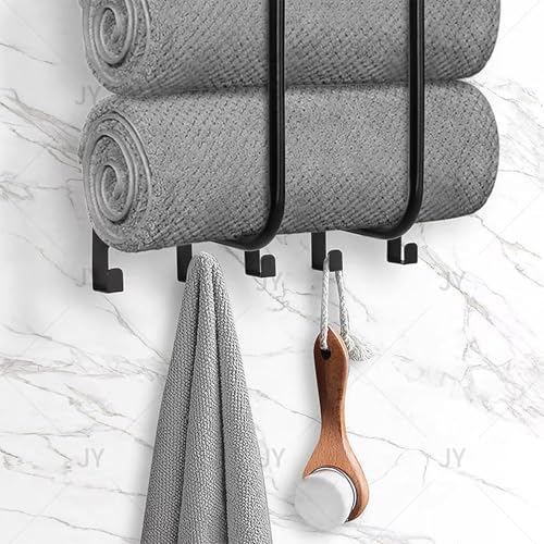 Wall Mounted Bathroom Towel Storage Rack with Shelf and 5 Hooks, Black | Holds 3 Large Towels, Stainless Steel, For Rolled Towels, For Bath Towels