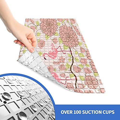 FCZ Bath Tub Mat Non Slip Shower Mat Retro Pink Flamingo Floral 26.8x15 inches Rectangular PVC Mat with Suction Cups Drain Holes Machine Washable - color: Retro Pink Flamingo Floral