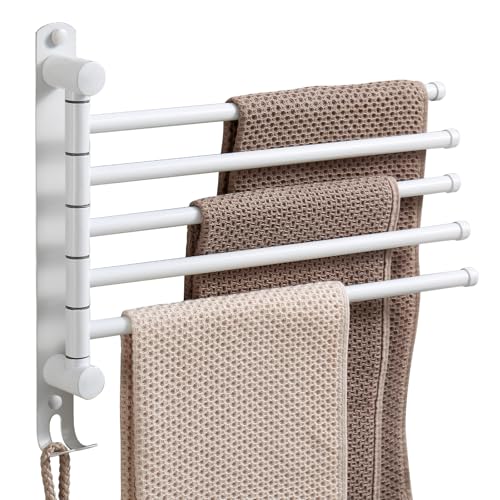 Swivel Towel Rack, 14" Thicken 304 Stainless Steel 5-Arm Adjustable Towel Bar,Wall Mounted Towel Holder with Hook, Space Saving for Kitchen, Bathroom, Outdoor (White, 5 Arms) - color: White, size: 5-arms
