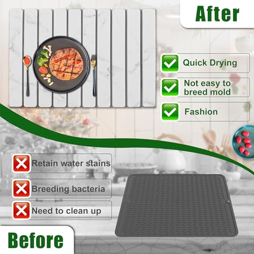 Large Stone Dish Drying Mat for Kitchen Counter, 24"×16" Quick Dry Collapsible Diatomaceous Earth Mat – Super Absorbent Foldable Drying Pad for Dishes (Marble White, 23.2" x 15.4") - color: Marble White