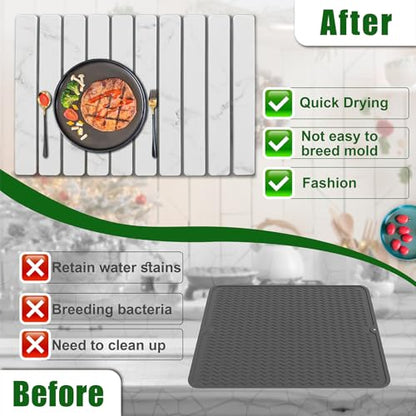 Large Stone Dish Drying Mat for Kitchen Counter, 24"×16" Quick Dry Collapsible Diatomaceous Earth Mat – Super Absorbent Foldable Drying Pad for Dishes (Marble White, 23.2" x 15.4") - color: Marble White