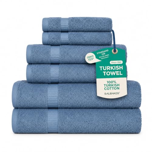 SALBAKOS 100% Turkish Cotton Bathroom Towel Set of 6-Piece, Blue | 630 Gsm Thick Super Soft Highly Absorbent 2 Bath + 2 Hand + 2 Washcloth Towels Sets, Giftable, Hotel Quality, Made in Turkey - color: Blue, size: 6 Piece Towel Set