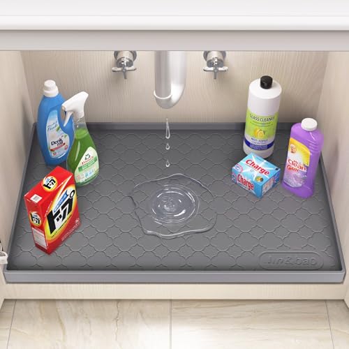 Jin&Bao Under Sink Mat 46" x 22" Waterproof Silicone Cabinet Kitchen Liner | Silicone under kitchen sink mat,cabinet protector,bathroom shelf liner,raised edge,anti-slip,easy to clean & dishwasher safe - color: Beige, size: 22"w x 46"l