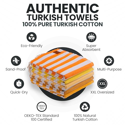 Gold CASE Turkish Beach Towel Set of 5 – 100% Cotton Beach Towels Oversized 70x38'' – MYRA Quick Dry Swim Towel – Lightweight Turkish Towels Set in Yellow - color: Tones of Yellow, size: Beach-Bath Towel Set of 5