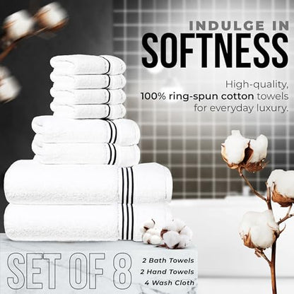 8-Piece Premium Towel Set, 2 Bath Towels, 2 Hand Towels, and 4 Wash Cloths, 100% Ring Spun Cotton Highly Absorbent Towels for Bathroom, Gym, Hotel, and Spa - color: Black