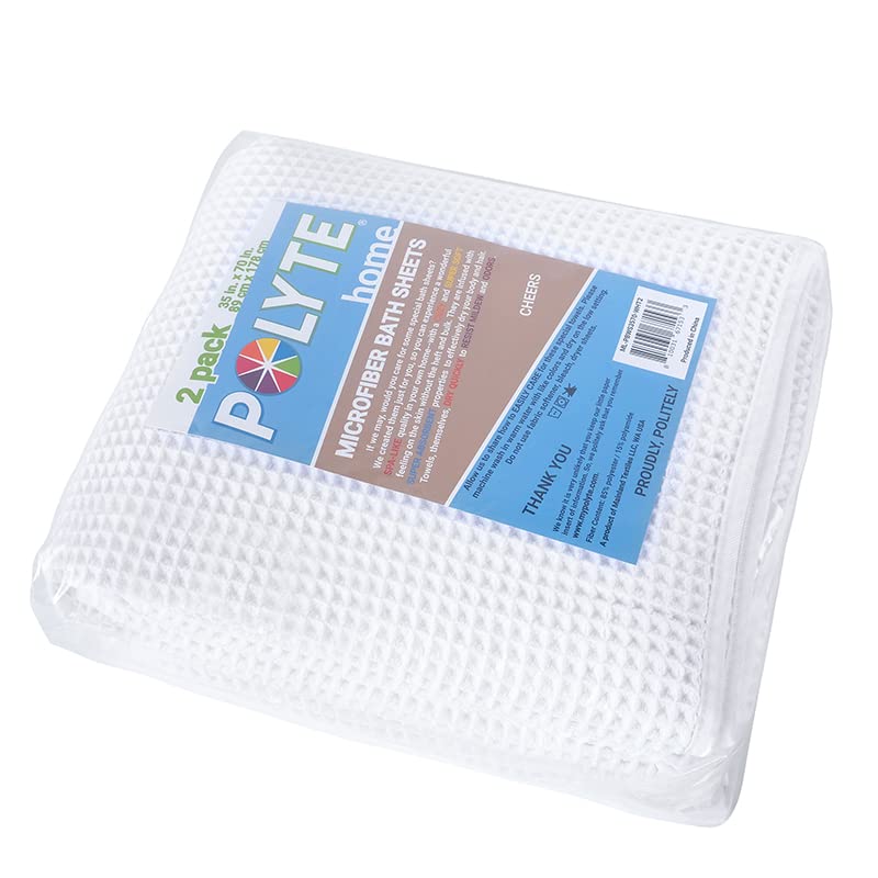 POLYTE 430 GSM Microfiber Quick Dry Lint Free Bath Sheet, 70 x 35 in, Set of 2 (Waffle Weave) - color: White, size: 35 x 70 in