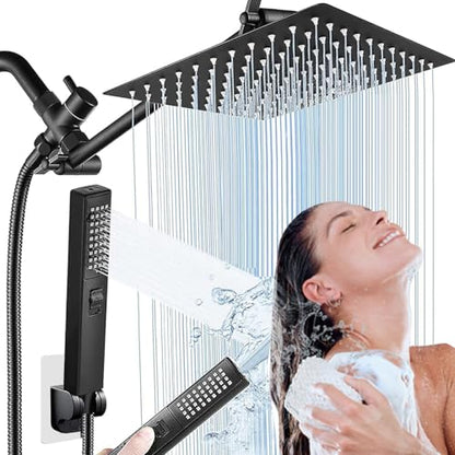 Rainfall Shower Head with Handheld Combo, Black, 10 Inch & 3 Spray Modes | 180° Adjustable with Extension Arm, Easy To Install - color: Matte Black
