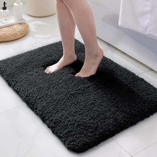 ILANGO Black Bathroom Rugs 24" × 17" Small Non Slip & Super Absorbent Extra Thick Soft, Washable Bath Mat for Floor, Microfiber Plush Shaggy Bath Rug with Rubber for Bathtub Shower Room Sink - color: Black, size: 1'5" x 2' (17''x24'' Bathroom Rug)