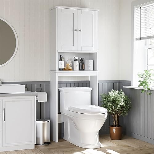 Shintenchi Over the Toilet Storage Cabinet, Bathroom Shelf Organizer with Anti-Tip Device Small Freestanding Space Saver with Adjustable Shelf，White - color: White, size: Wood Door