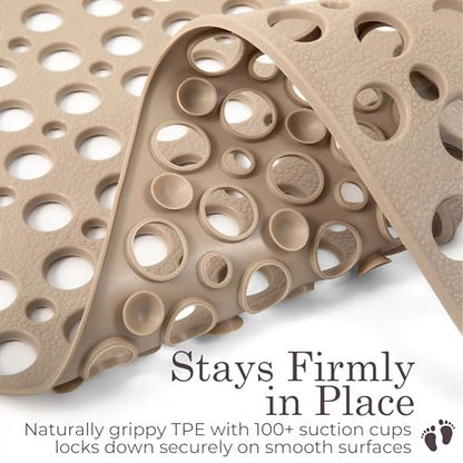 Non Slip Shower Mat for Bathtub, Beige TPE Bath Mat with Strong Suction Cups, Quick-Dry Drain Holes, Soft Textured Surface, Spa-Inspired, 30x17 Inch