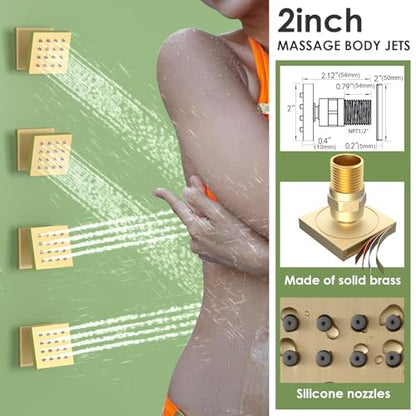 Enga Shower System with Body Jets, Dual Head 10 Inch Rain Shower Head with 6 Inch Showerhead, 4 Body Jets with 2 in 1 Handheld Spray, Brushed Gold - color: Brushed Gold, style: Wall-10"+6"+4Jets