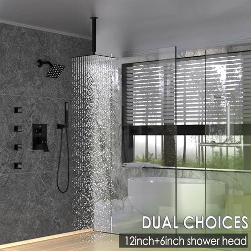 Enga Dual Shower Head Shower System with Body Jets, 12" Ceiling Mounted Rain Shower Head & 6" Wall Mounted Head Full Body Rainfall Shower Faucet with Valve Kit, Matte Black - color: Matte Black, style: Ceiling-12"+6"+Jets
