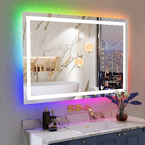 48x36 Inch RGB LED Bathroom Mirror Front Light and RGB Backlit Lighted Vanity Mirror for Bathroom Wall Mounted Dimmable Anti Fog Memory Shatter-Proof IP54 Waterproof Horizontal/Vertical - color: Rgb Backlit+front Lit, size: 48"L x 36"W