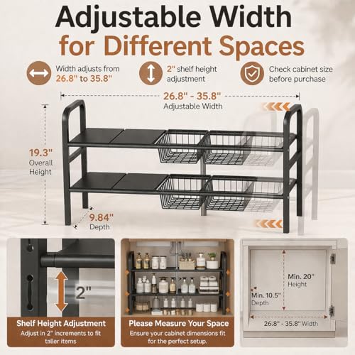 2 Tier Expandable Under Sink Organizer, 26.8 to 35.8 Inches Wide Carbon Steel Rack, Heavy Duty Storage for Double Sink Cabinet, P-Trap and Disposal Friendly (White)