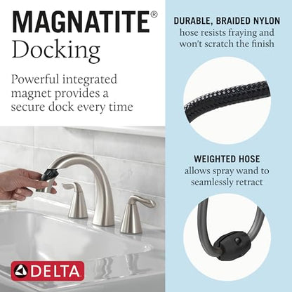 Delta Arvo Brushed Nickel Bathroom Faucet with Sprayer, 8 Inch 3 Hole Widespread Bathroom Sink Faucet with Pull Out Sprayer, Push-Pop Drain, SpotShield Stainless 35840LF-SPPD - color: SpotShield Brushed Nickel