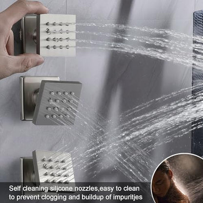 4 Way Thermostatic Shower System with 12 inch Ceiling Shower Head, 6 Body Jet, Tub Spout, Handheld Spray, Brushed Nickel - color: Brushed Nickel, size: 12" Ceiling Shower