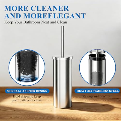 Heavy Duty Stainless Steel Toilet Brush Set with Holder(2 Brush Heads) – Rustproof Toilet Bowl Brush, Compact Cylinder Base, Extra Long Handle for Deep Cleaning, Silver - color: Silver