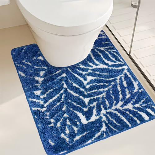 Blue Toilet Rug - U-Shaped Dark Blue Bath Mat Tropical Leaf U Shape Toilet Rugs Non Slip Washable for Bathroom Floor, Cute Plant Bathmat Absorbent Bathroom Mats Botanical Home Decor 20" x 24" - color: Dark Blue, size: 1'8" x 2' (U-Shape)