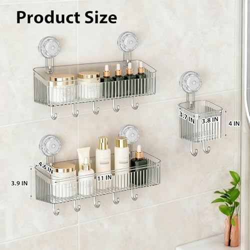 3 Pack Suction Cup Shower Caddy Not Suitable for Wet Wall | Clear Shower Shelves No Drillingwith Movable Hooks & Toothbrush Holder, Wall Storage Shelves for Bathroom, Kitchen