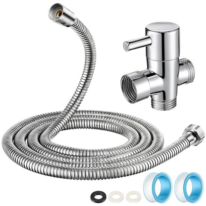 Dreyoo 3 Way Shower Head Splitter Kit, Brass G1/2 Diverter Valve with 79 Inch Stainless Steel Hose, Universal Shower Diverter for Dual Heads, Includes PTFE Tape - size: 79 in