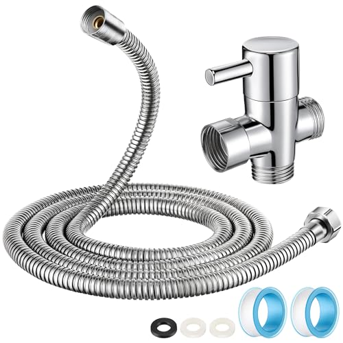 Dreyoo 3 Way Shower Head Splitter Kit, Brass G1/2 Diverter Valve with 79 Inch Stainless Steel Hose, Universal Shower Diverter for Dual Heads, Includes PTFE Tape - size: 79 in