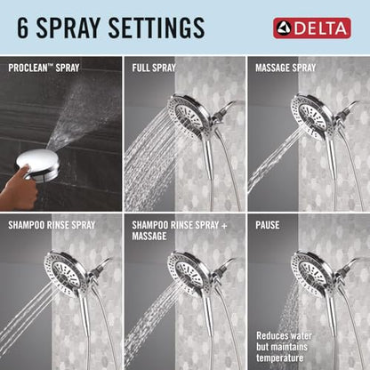 Delta 6-Setting In2ition 2-in-1 Dual Shower Head with Handheld High Pressure ProClean Spray, Chrome Detachable Shower Head with Hose, 1.75 GPM Flow Rate, Chrome 75655 - color: Chrome