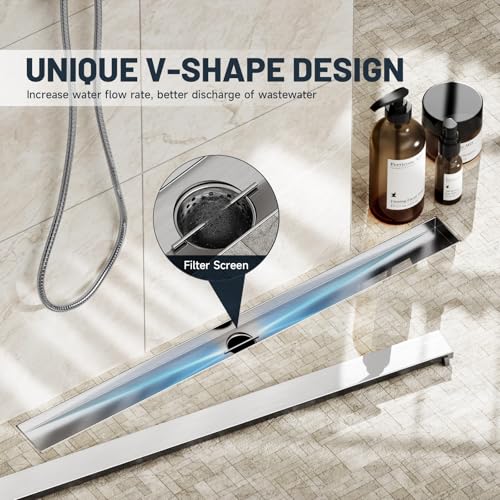 Linear Shower Drain 32 Inch Shower Trench Drain with Tile Insert Grate | Evolvegoods 304 Stainless Steel Bathroom Floor Drain,Rectangular Shower Drain with Leveling Feet,Hair Strainer,Brushed Nickel - size: 32 Inches