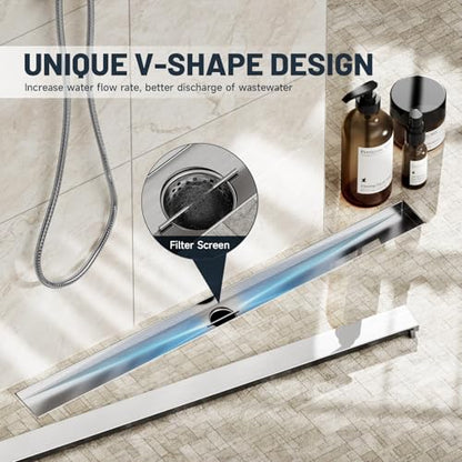 Linear Shower Drain 32 Inch Shower Trench Drain with Tile Insert Grate | Evolvegoods 304 Stainless Steel Bathroom Floor Drain,Rectangular Shower Drain with Leveling Feet,Hair Strainer,Brushed Nickel - size: 32 Inches