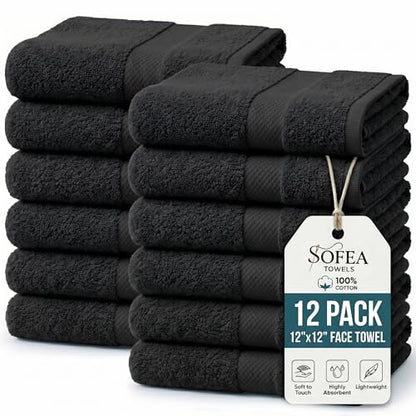 Sofea 100% Cotton Washcloths Set of 12, (12 x 12 Inch) 520 GSM Wash Cloths, Extra Soft Absorbent Quick Dry Face Towels - color: Black