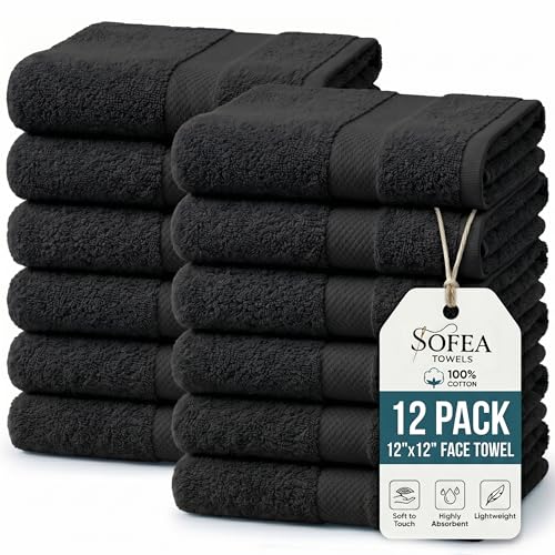 Sofea 100% Cotton Washcloths Set of 12, (12 x 12 Inch) 520 GSM Wash Cloths, Extra Soft Absorbent Quick Dry Face Towels - color: Black