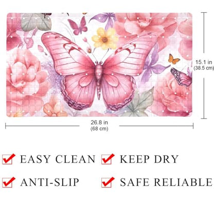 Bath Tub Mat Non Slip 15.1 x 26.8 Inch, Watercolor Seamless Pink Butterflies Eco Friendly Bathmat with Suction Cups Drain Holes Shower Tub Mats - color: Multi 10